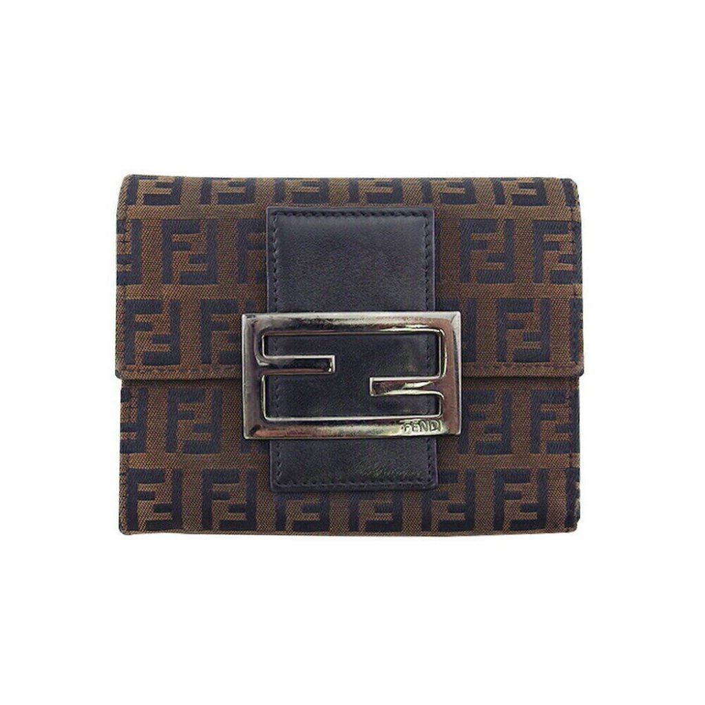 Fendi Triple Fold Wallet Zucchino Canvas X Leather Authentic Used